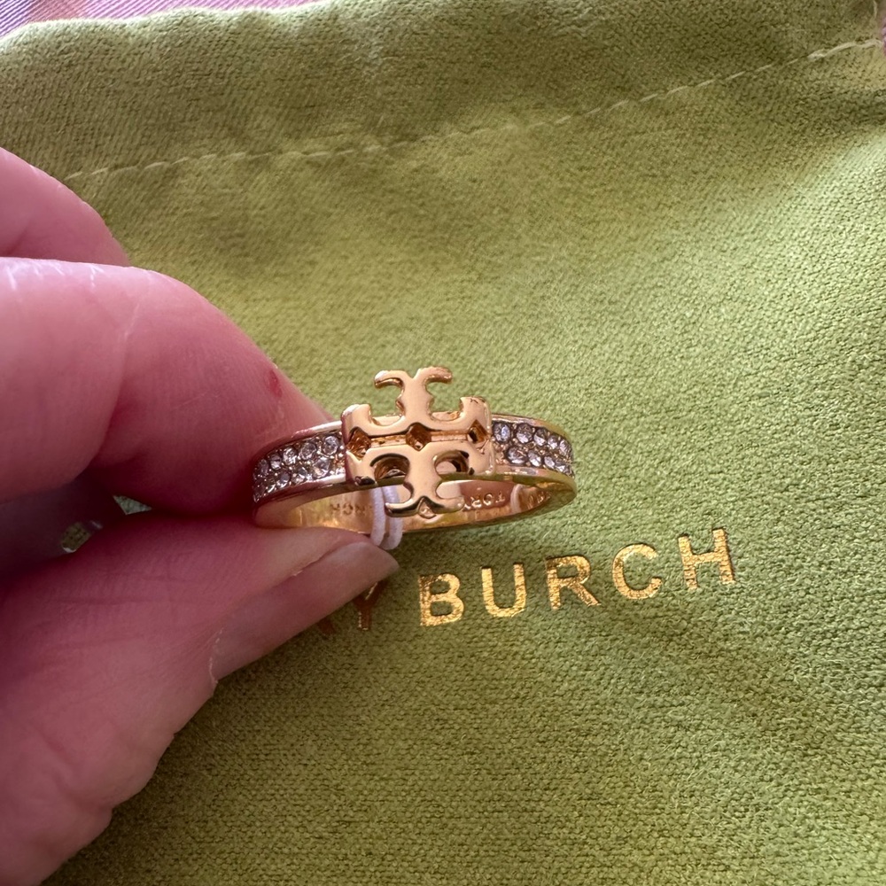 Tory Burch Gold Ring with Rhinestone Accents Size 8